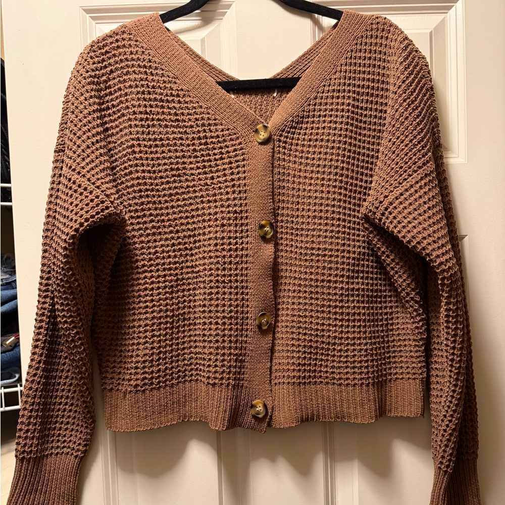 Waffle-Knit V-Neck Button Cardigan Sweater - Chocolate Brown